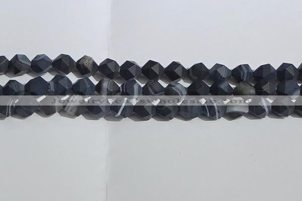 CAA1245 15.5 inches 12mm faceted nuggets matte black line agate beads