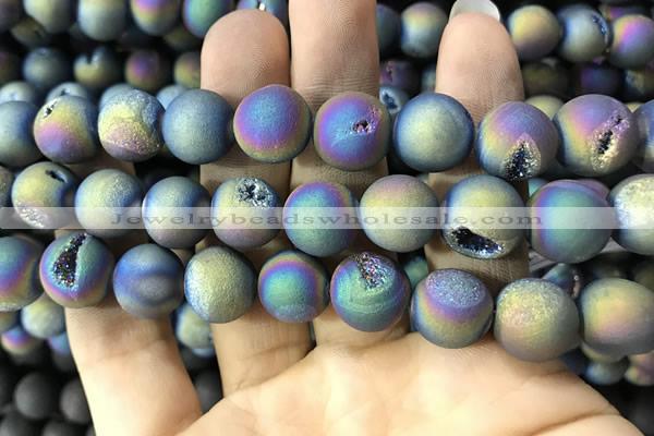 CAA1379 15.5 inches 16mm round matte plated druzy agate beads