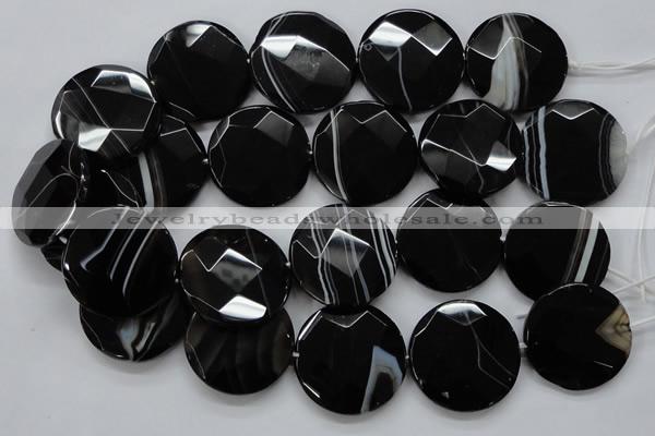 CAA281 15.5 inches 35mm faceted coin black line agate beads