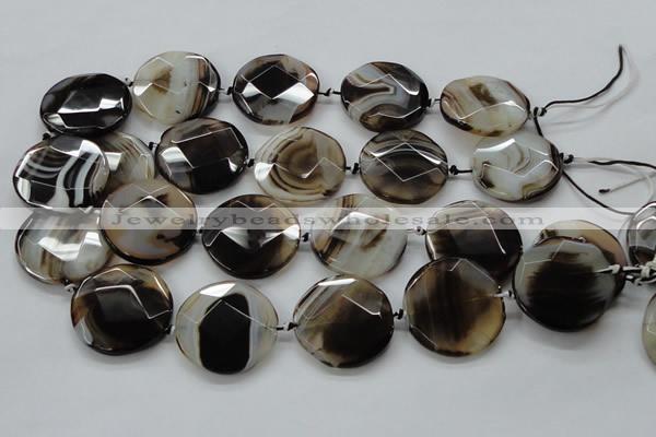 CAA290 15.5 inches 35mm faceted coin black line agate beads