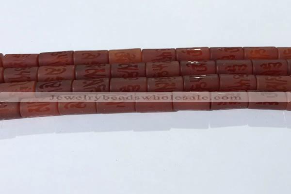 CAA3697 15.5 inches 8*16mm tube matte & carved red agate beads