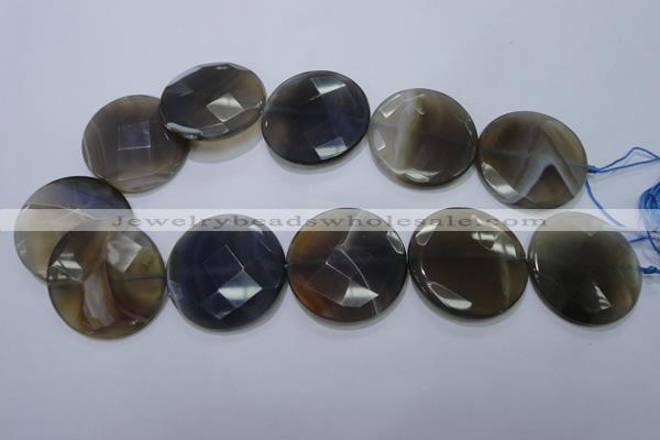 CAG2727 15.5 inches 35mm faceted coin grey line agate beads