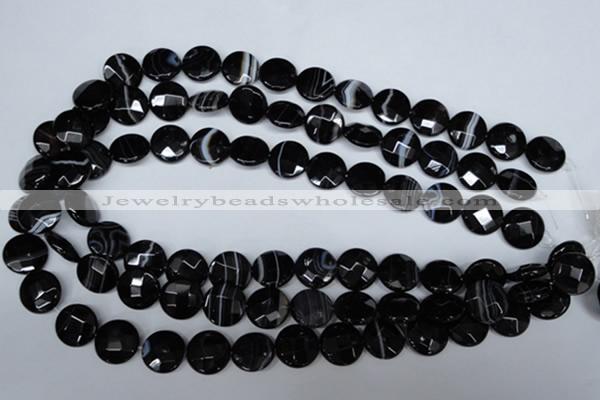 CAG3074 15.5 inches 16mm faceted coin black line agate beads