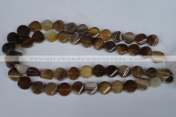 CAG3151 15.5 inches 14mm twisted coin brown line agate beads