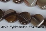 CAG3152 15.5 inches 16mm twisted coin brown line agate beads