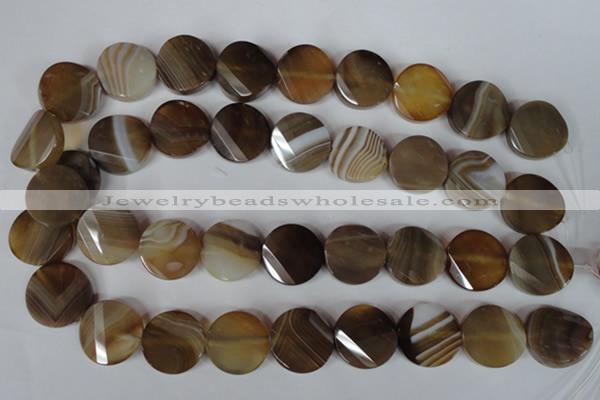 CAG3160 15.5 inches 20mm faceted & twisted coin brown line agate beads