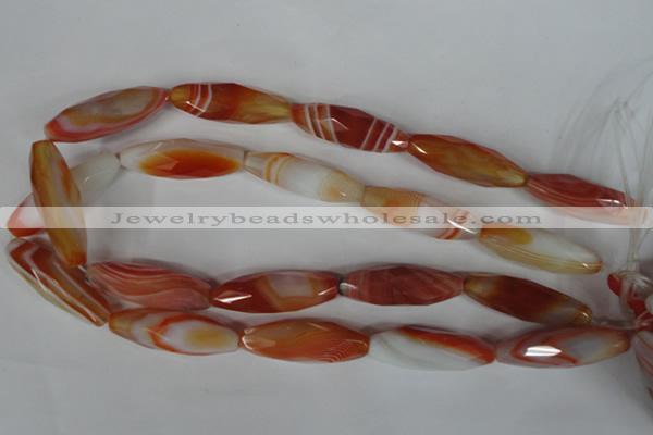 CAG3280 15.5 inches 13*40mm faceted rice red line agate beads