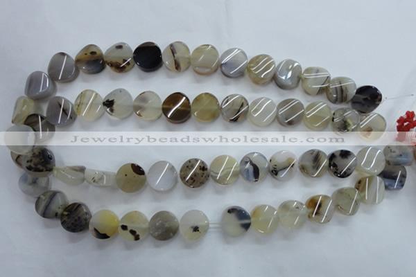 CAG3314 15.5 inches 14mm twisted coin natural grey agate beads