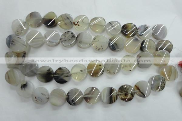 CAG3316 15.5 inches 18mm twisted coin natural grey agate beads