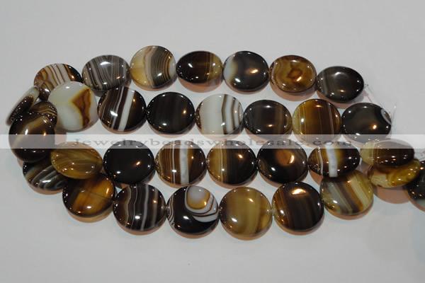 CAG3506 15.5 inches 25mm flat round brown line agate beads