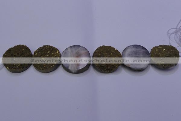 CAG7940 7.5 inches 30mm flat round plated white druzy agate beads