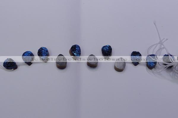 CAG8106 Top drilled 10*14mm teardrop blue plated druzy agate beads