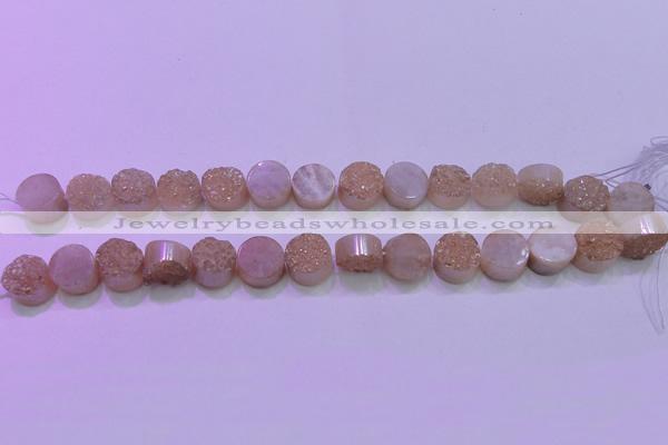 CAG8351 7.5 inches 14mm coin champagne plated druzy agate beads