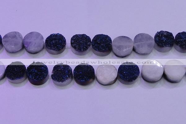 CAG8396 7.5 inches 25mm coin blue plated druzy agate beads