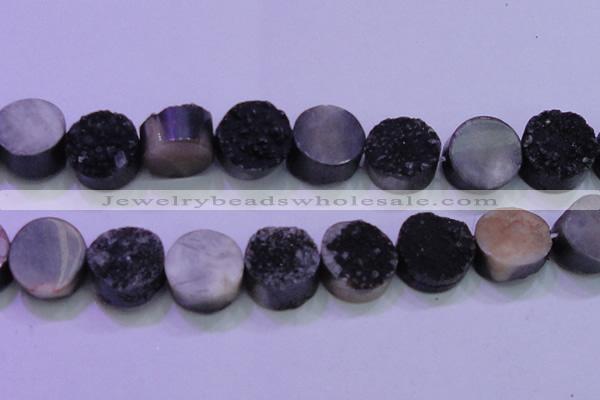 CAG8407 7.5 inches 30mm coin black plated druzy agate beads