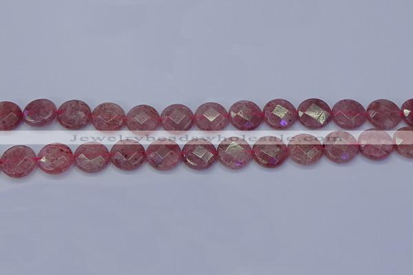 CBQ460 15.5 inches 12mm faceted coin strawberry quartz beads