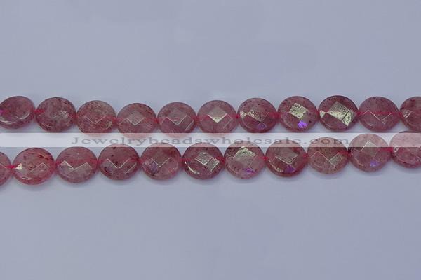 CBQ461 15.5 inches 14mm faceted coin strawberry quartz beads