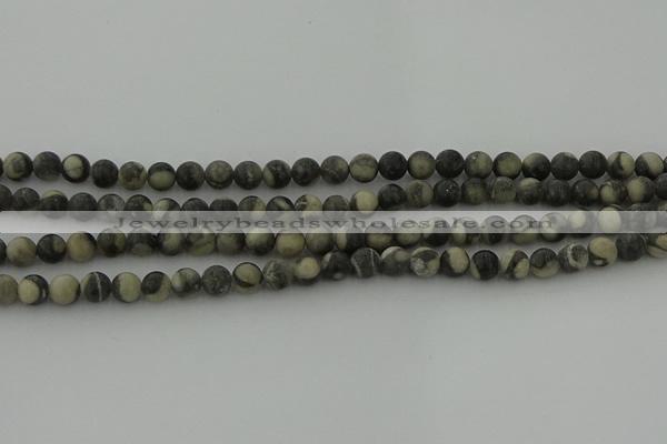 CBW161 15.5 inches 6mm round matte black fossil jasper beads