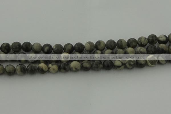 CBW163 15.5 inches 10mm round matte black fossil jasper beads