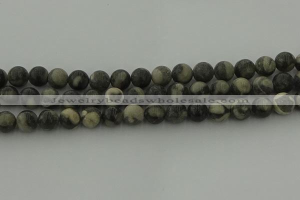 CBW164 15.5 inches 12mm round matte black fossil jasper beads