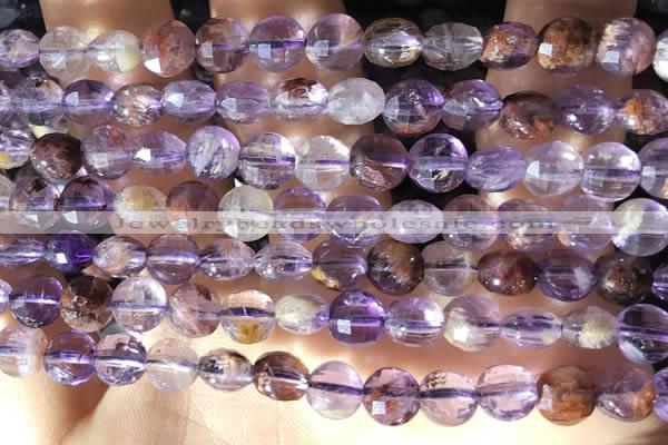 CCB603 15.5 inches 6mm faceted coin purple phantom quartz beads