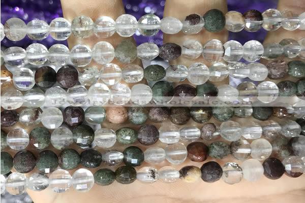 CCB604 15.5 inches 6mm faceted coin green phantom quartz beads