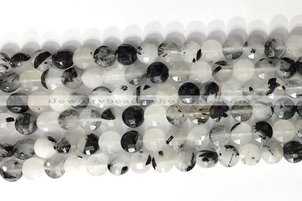 CCB758 15.5 inches 8mm faceted coin black rutilated quartz beads