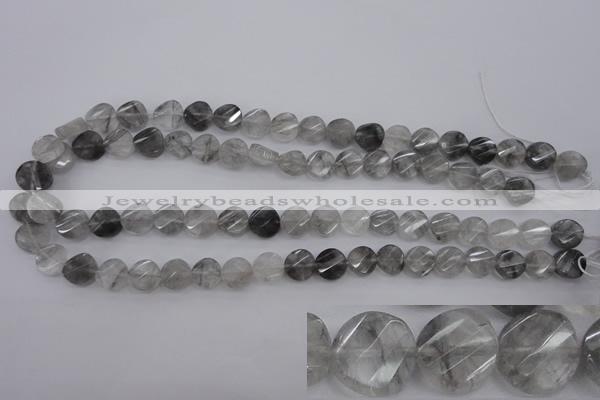 CCQ271 15.5 inches 10mm faceted & twisted coin cloudy quartz beads