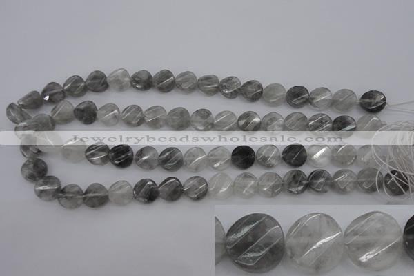 CCQ272 15.5 inches 12mm faceted & twisted coin cloudy quartz beads