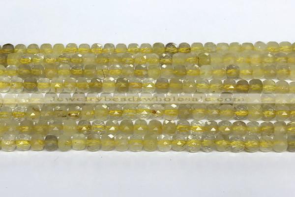 CCU1025 15 inches 4mm faceted cube golden rutilated quartz beads