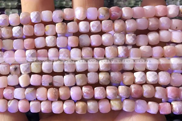 CCU807 15 inches 4mm faceted cube pink opal beads