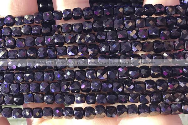 CCU815 15 inches 4mm faceted cube black tourmaline beads