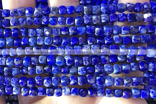 CCU816 15 inches 4mm faceted cube lapis lazuli beads