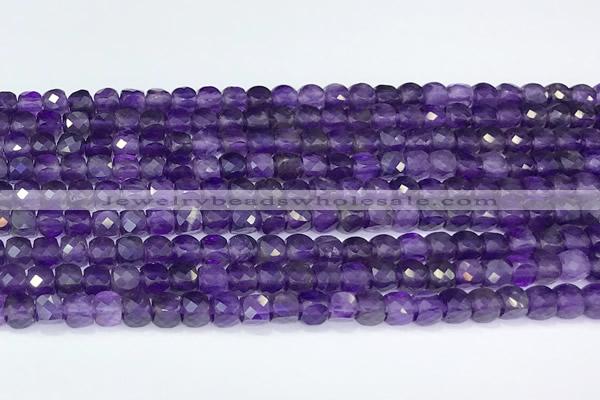 CCU840 15 inches 4mm faceted cube amethyst beads