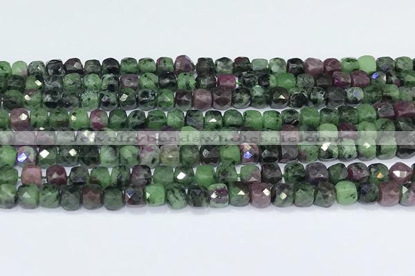 CCU864 15 inches 6mm faceted cube ruby zoisite beads