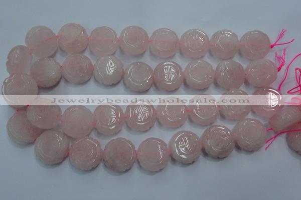 CFG205 15.5 inches 24mm carved coin rose quartz gemstone beads