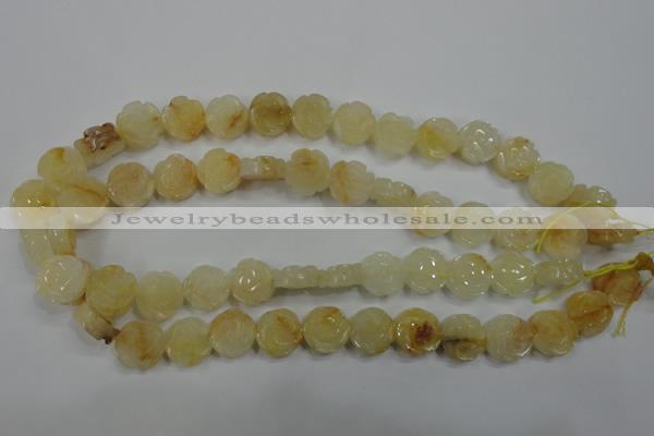 CFG882 15.5 inches 14mm carved flower yellow jade gemstone beads