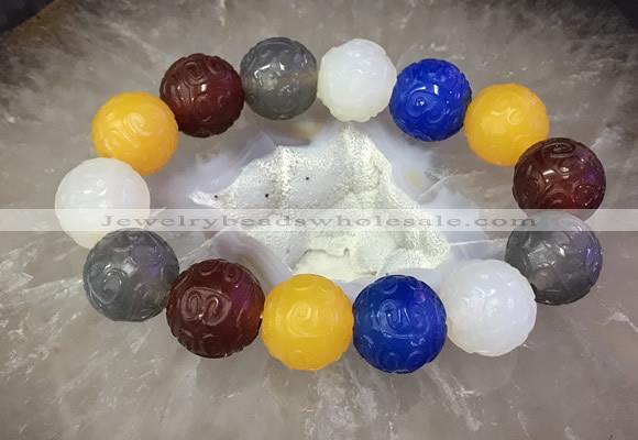 CGB3003 7.5 inches 16mm carved round mixed agate bracelet wholesale