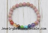 CGB6231 8mm pink wooden jasper 7 chakra beaded mala stretchy bracelets