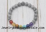 CGB6234 8mm grey picture jasper 7 chakra beaded mala stretchy bracelets