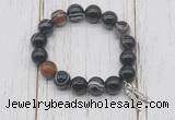 CGB6857 10mm, 12mm black banded agate beaded bracelet with alloy pendant