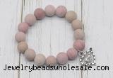 CGB6900 10mm, 12mm matte pink wooden jasper beaded bracelet with alloy pendant