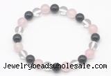 CGB8004 8mm black agate, white crystal & rose quartz beaded stretchy bracelets