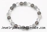 CGB8018 8mm white crystal, black rutilated quartz & smoky quartz beaded stretchy bracelets