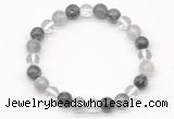 CGB8022 8mm white crystal, cloudy quartz & black labradorite beaded stretchy bracelets