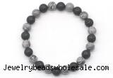 CGB8075 8mm grey picture jasper & black lava beaded stretchy bracelets