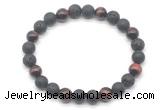 CGB8095 8mm black lava, matte black agate & red tiger eye beaded stretchy bracelets