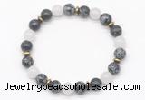 CGB8123 8mm snowflake obsidian, white jade & hematite power beads bracelet