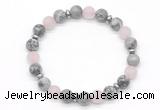 CGB8157 8mm grey picture jasper, matte rose quartz & hematite power beads bracelet