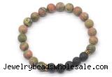 CGB8296 8mm matte unakite & black lava beaded mala stretchy bracelets